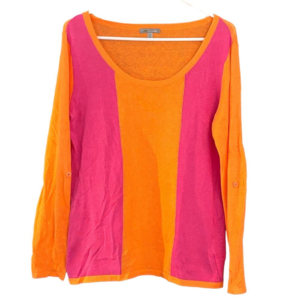 Hornytoad Colorblock Linen Sweater Women’s M Orange Pink Tab Sleeve Colorful